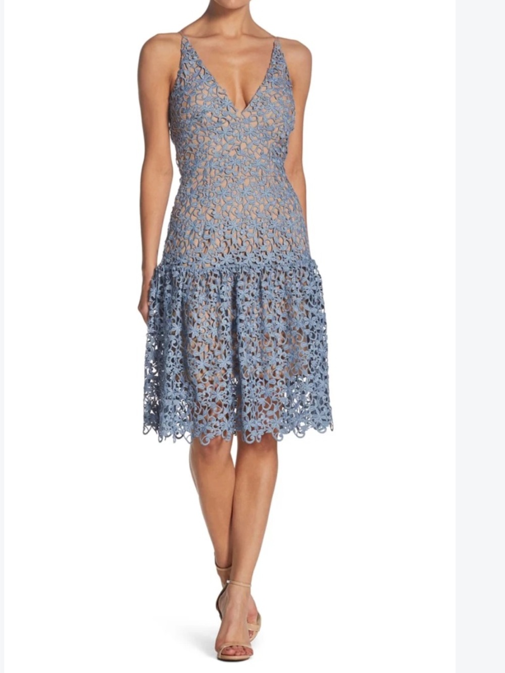 Dress the Population Lilly Fit and Flare Lace Blue Midi Dress Size Large